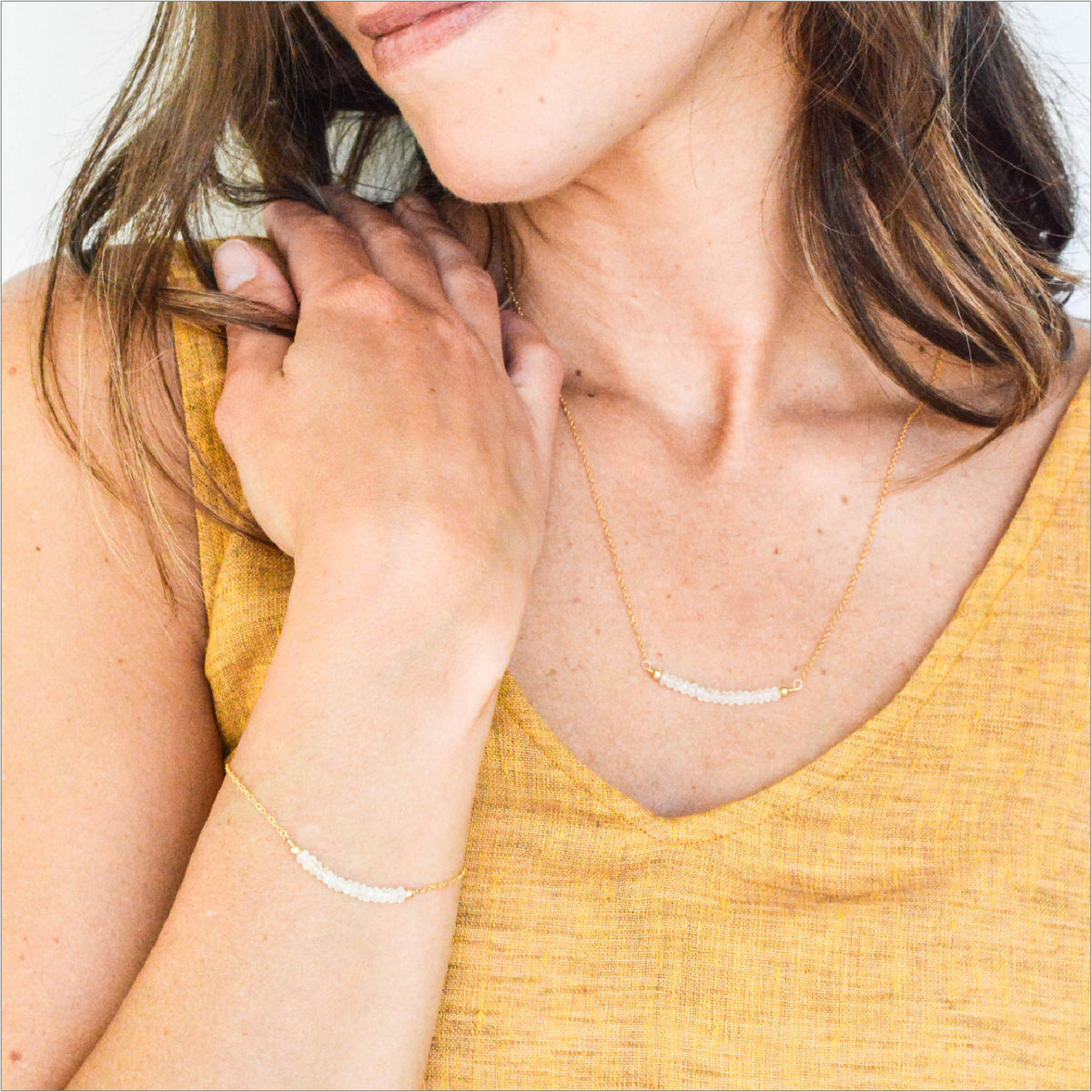 Rainbow Moonstone Necklace Modeled
