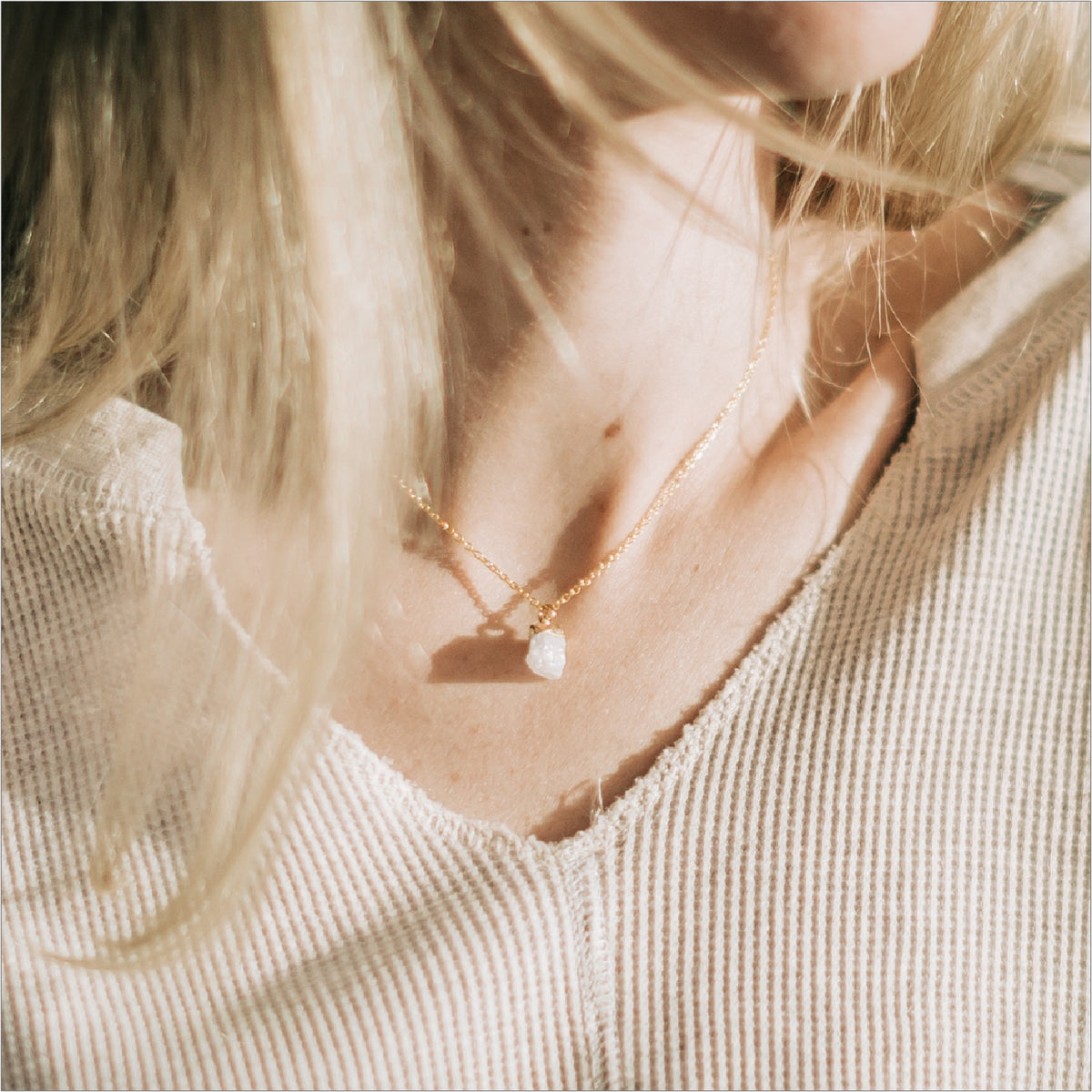Raw Moonstone Necklace Modeled