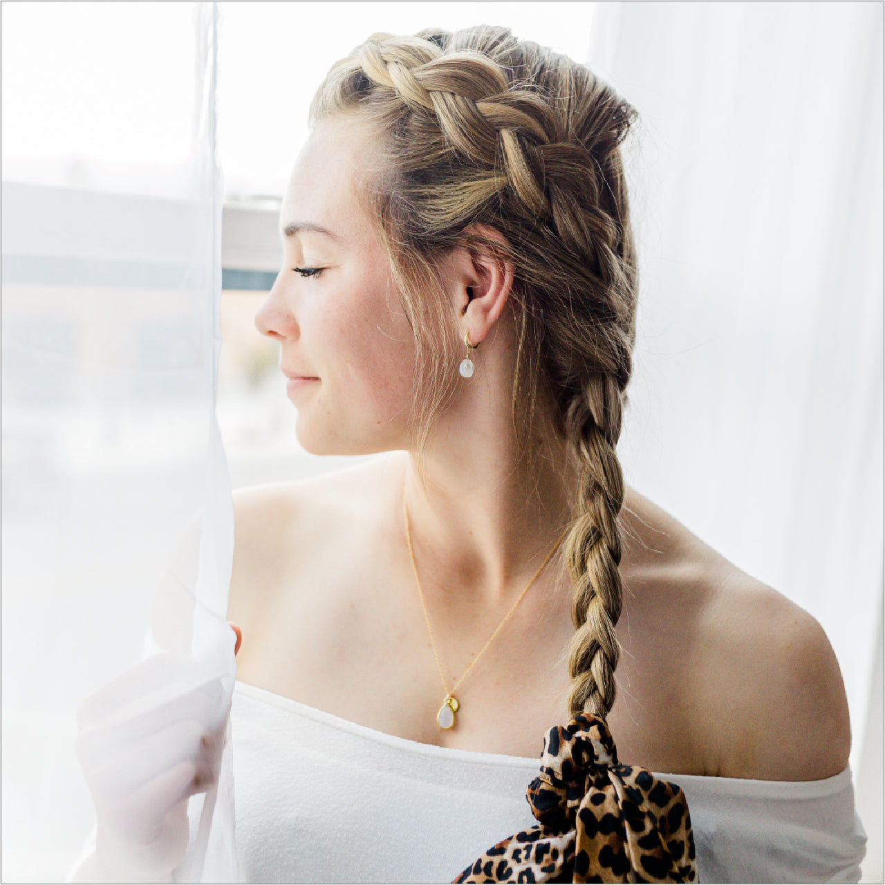 Rainbow Moonstone Necklace Modeled