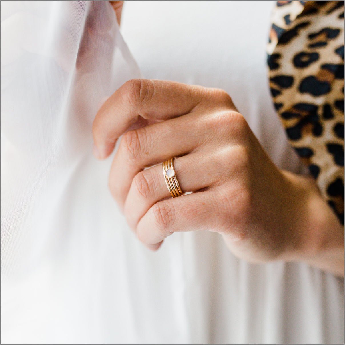Rainbow Moonstone Stacking Rings Modeled