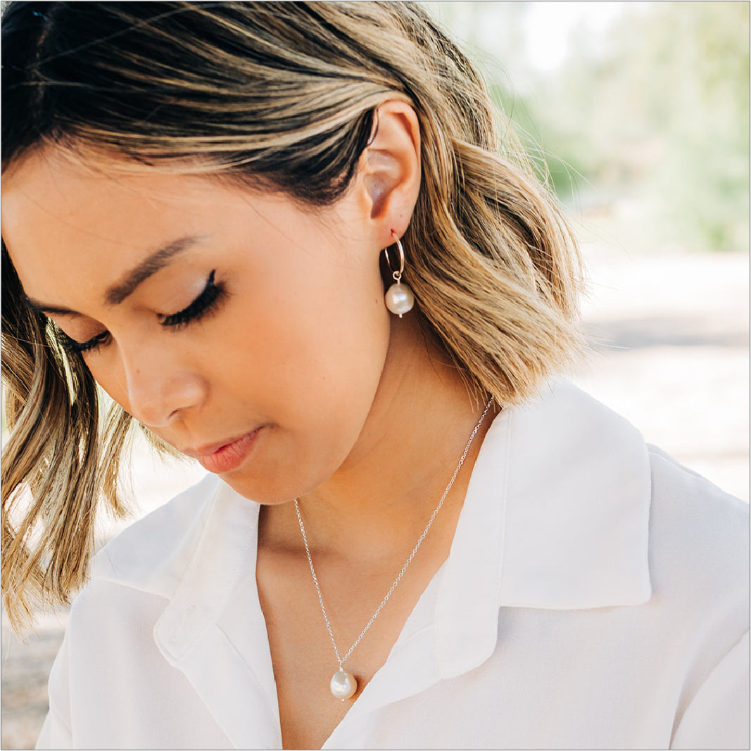 Sterling Silver Pearl Hoop Earrings Modeled