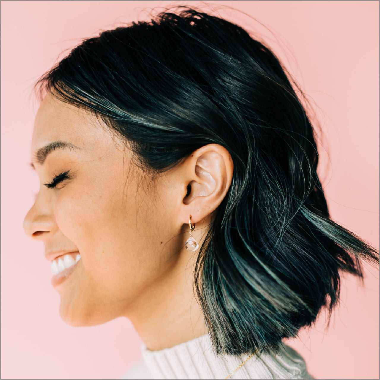 Clear Quartz Hoop Earrings Modeled