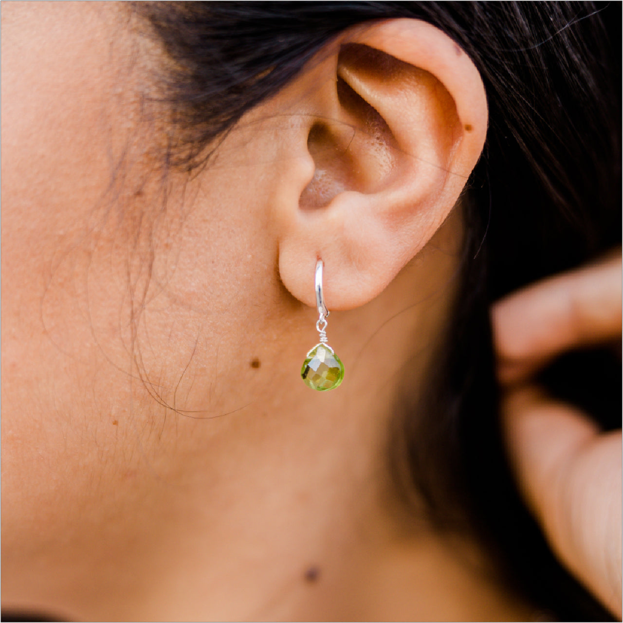 Peridot Hoop Earrings Modeled